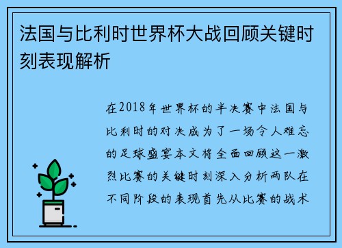 法国与比利时世界杯大战回顾关键时刻表现解析